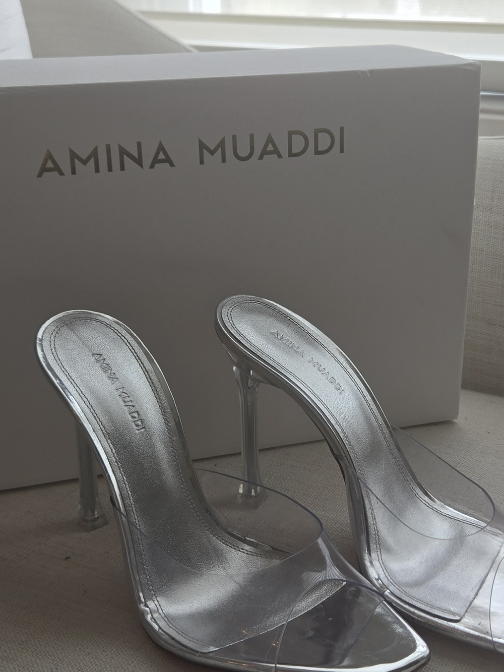 Amina Muaddi Silver Clear PVC Slide Sandals
